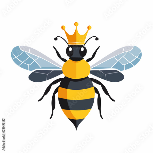 Illustrative depiction of a queen bee adorned with a golden crown on a white backdrop