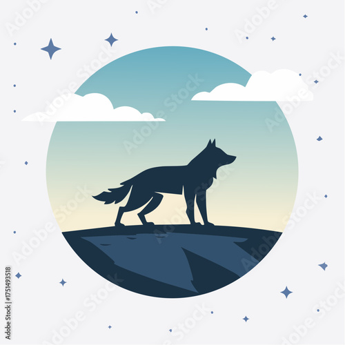 Majestic wolf silhouette against serene night sky backdrop, stars and clouds