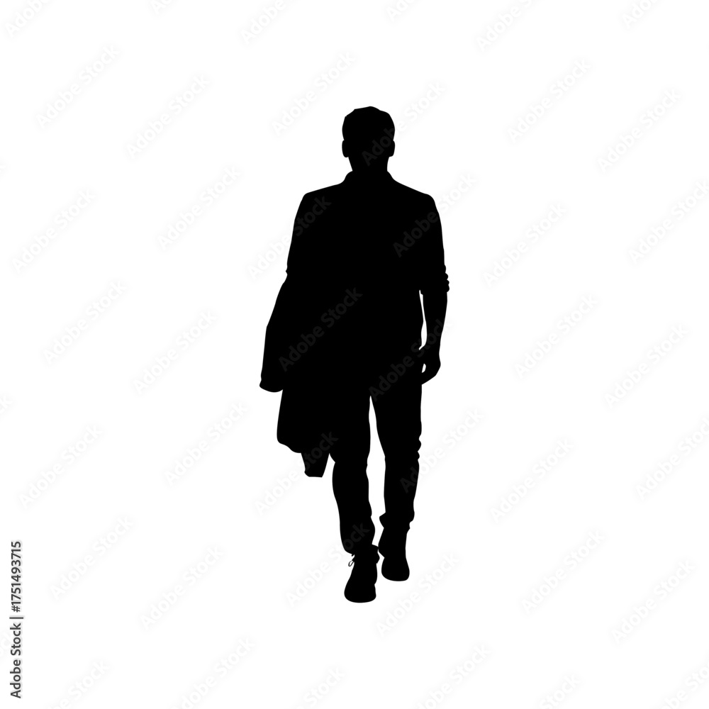 Fototapeta premium Silhouette of man walking with jacket in hand on white background, confident male figure in casual outfit and stylish young man outline vector illustration design