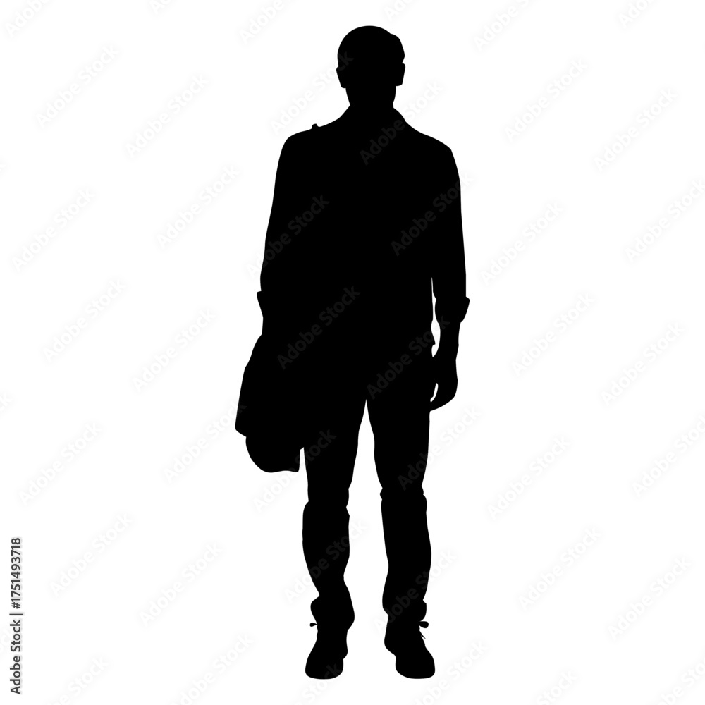 Fototapeta premium Silhouette of man standing with jacket in hand on white background, confident male figure in casual outfit and stylish young man outline vector illustration design