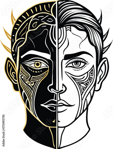 Striking duality split face art concept symbolizing inner conflict and harmony