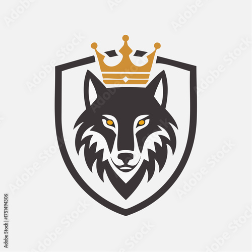 Regal protector: Majestic wolf crowned atop heraldic shield emblem design