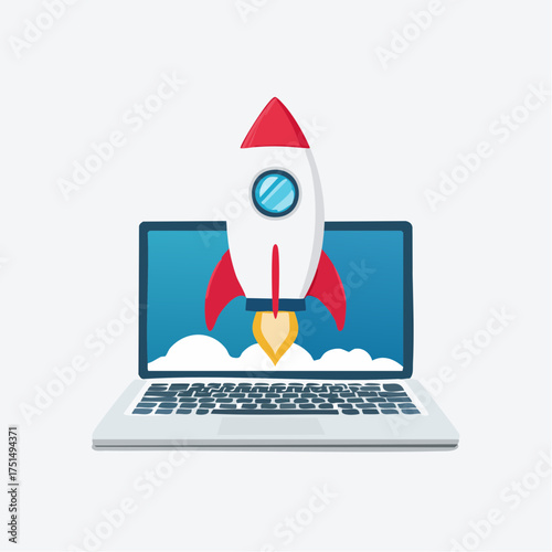 Rocket Launching from Laptop Screen: A Metaphor for Rapid Business Growth