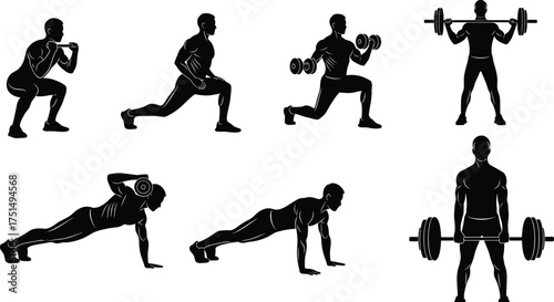Fitness workout exercise silhouette, gym training vector, bodybuilding and strength training illustration, athletic man lifting weights, cad drawing flat vector illustration