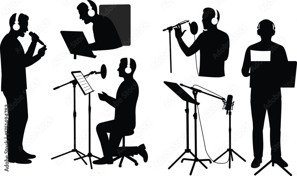 Fototapeta premium People recording vocals with microphone and headphones, music studio voice recording session, singer performing sound production flat vector illustration