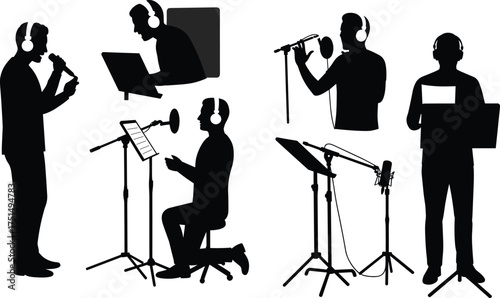 People recording vocals with microphone and headphones, music studio voice recording session, singer performing sound production flat vector illustration
