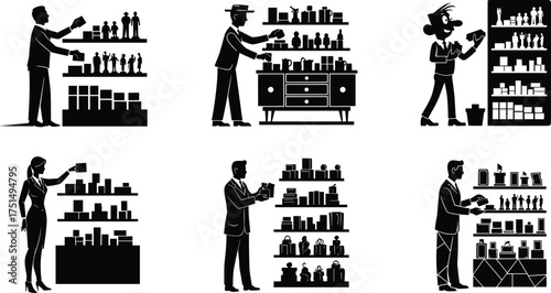 People shopping in retail store, product selection on shelves, customer buying items, business sales concept, cad drawing flat vector illustration