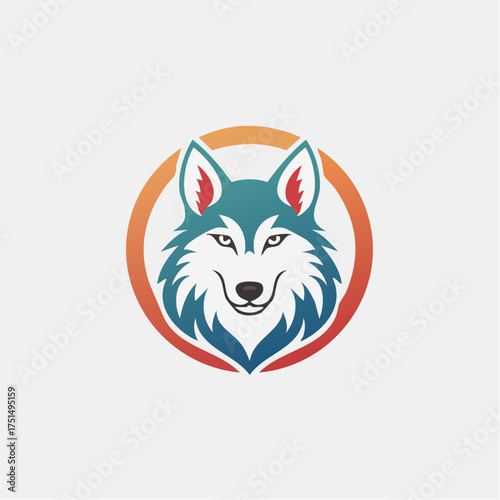 Stylized wolf head logo in circle emblem illustration, animalistic symbol