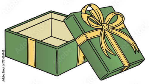 Green gift box with golden ribbon and open lid present for birthday celebration and special occasion