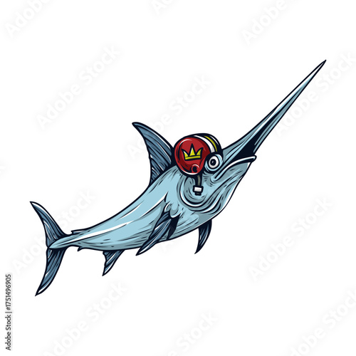 Swordfish Champion: A majestic swordfish dons a champion's crown and boxing headgear, ready to face any challenge, symbolizing strength and determination in a vibrant display of courage.