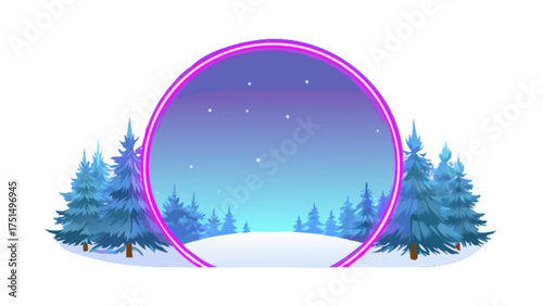 Winter wonderland scene with neon circle frame, snow covered ground, and pine trees vector illustration