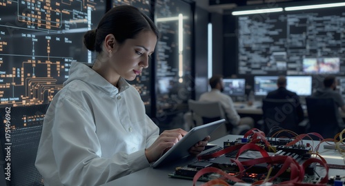 Focused professional using tablet in a high-tech control room, surrounded by advanced electronic components and large data screens. Emphasizing innovation, engineering, data analysis, and future