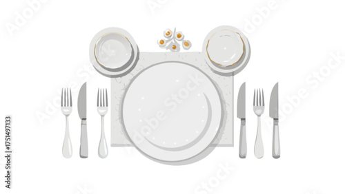 Elegant table setting with white plates silverware and decorative centerpiece for fine dining event