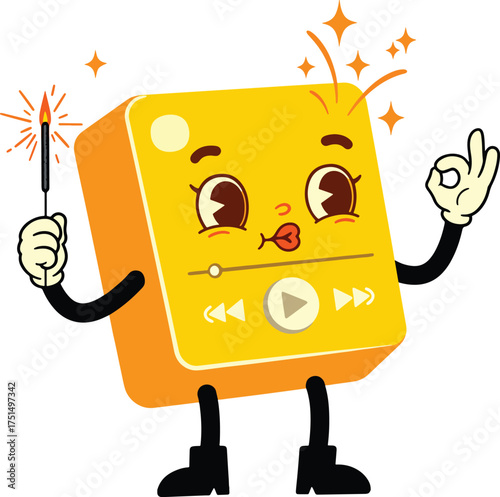 Retro music player character celebrating with sparklers isolated on transparent background silhouette