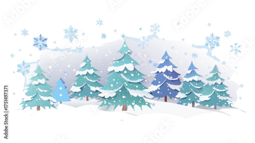 Winter wonderland scene with christmas trees and snowflakes for holiday season background graphic design