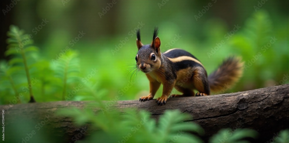 Obraz premium A tiny squirrel kit cautiously exploring a moss covered fallen log, surrounded by ferns and forest floor detail. A close up, low angle perspective of a small squirrel kit cautiously stepping onto a