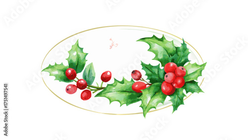 Watercolor christmas holly berries and leaves illustration for festive holiday season design