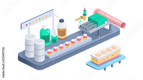 Isometric pharmaceutical manufacturing process automation and quality control illustration