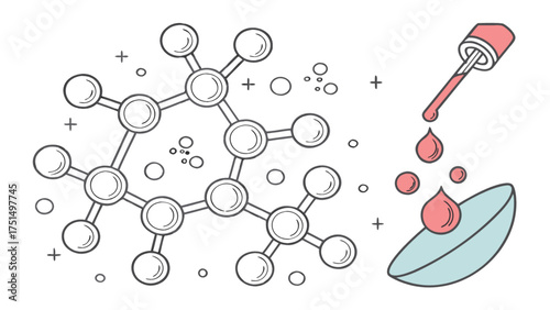 Illustration of molecular structure and dropper with liquid for science and medical research