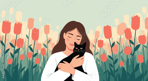 A gentle woman embracing her beloved black cat amidst a field of vibrant tulips.