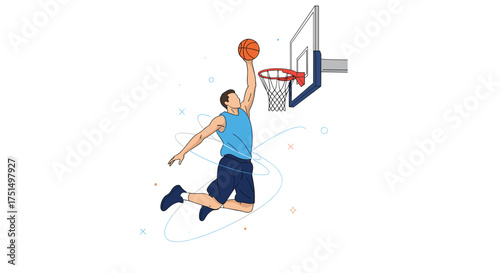 A basketball player is in mid-air performing a slam dunk during a game.