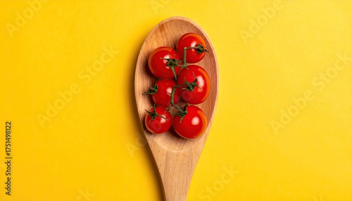 Bright Overhead Shot Of Ripe Cherry Tomatoes Nestled In A Wooden Spoon Against A Vibrant Yellow Background