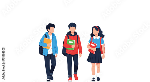 Three young students walk together carrying backpacks and books on a bright day.