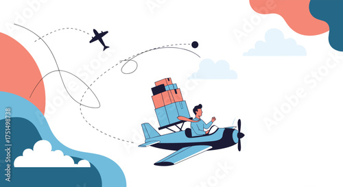 A person is flying a small plane loaded with luggage through the sky with clouds and waves surrounding the scene.