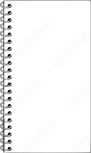 Minimalist black silhouette vector of a illustration of a blank white notebook with a spiral binding on the left side of the notebook page