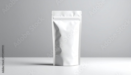 Blank White Stand Up Pouch Bag Packaging With Zipper Closure On A White Table Studio Shot With Soft Lighting