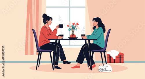 Two friends enjoying a warm beverage and conversation at a table indoors.