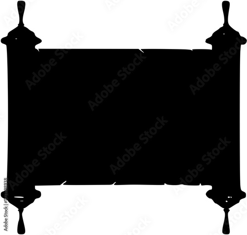 Minimalist black silhouette vector of a monochrome depiction of an ancient scroll with decorative finials on both ends in solid black color