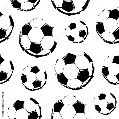 Minimalist black silhouette vector of a seamless pattern featuring multiple black and white soccer balls scattered across a white background design style