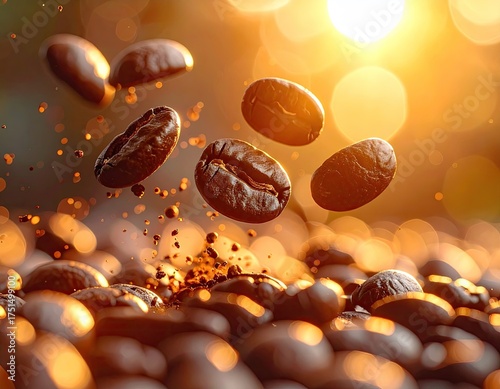 Roasted Coffee Beans Floating in Golden Light with Bokeh Background