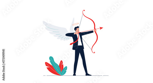 A man in a suit with wings and a bow and arrow aims at a target.