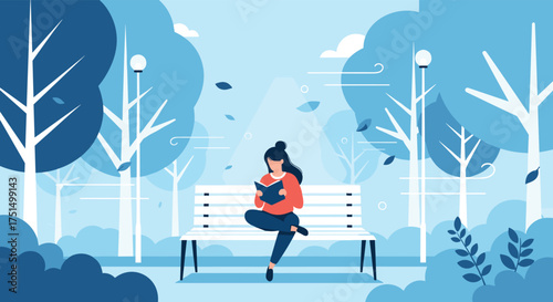 A woman enjoys a quiet afternoon reading a book while sitting on a park bench in a serene blue landscape.