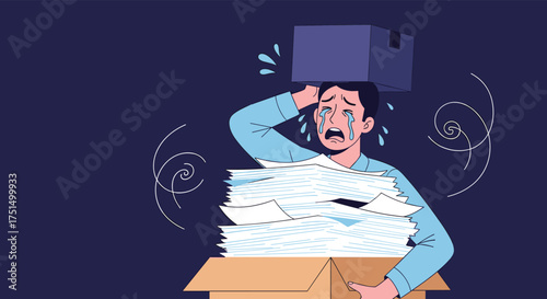 Overwhelmed by a massive pile of paperwork with a heavy box balanced on their head.