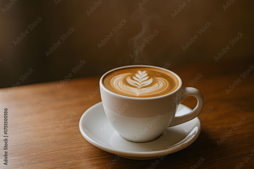 Obraz premium White Ceramic Cup with Latte Art Wooden Surface