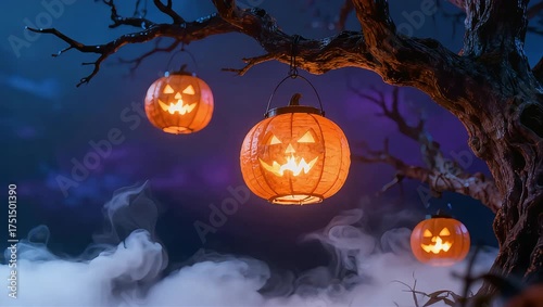 Glowing Jack O Lanterns Hanging from Spooky Tree with Fog at Night