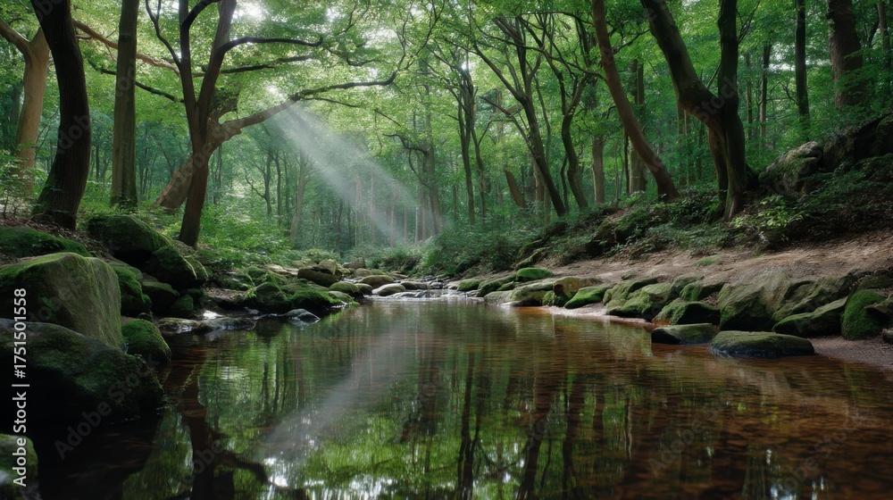 Obraz premium Tranquil river flowing through lush forest nature scene peaceful environment serene viewpoint natural beauty