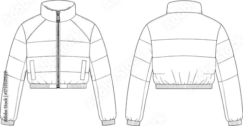 Puffer jacket, cropped coat, quilted design, high collar, raglan sleeves, elastic cuffs, fashion sketch, vector template, garment CAD, cad drawing flat vector illustration