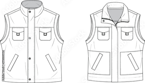 Sleeveless vest, stand collar, snap button, chest pockets, welt pockets, layered collar, fashion sketch, vector template, garment CAD, cad drawing flat vector illustration