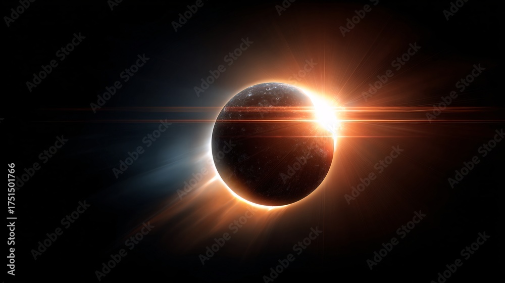 Obraz premium Total solar eclipse with fiery corona and diamond ring effect, dramatic space astronomy scene on black.