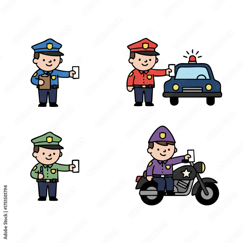 Obraz premium Set of Cute Police Officer Clipart in Uniform