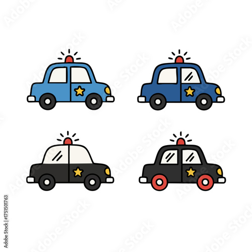 Cute Police Car Clipart Set in Blue and Black Colors