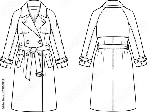 Trench coat, double breasted, belted waist, wide lapel, shoulder epaulets, fashion sketch, outerwear design, vector template, garment CAD, cad drawing flat vector illustration