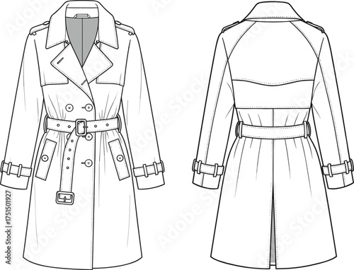Trench coat, double breasted, belted waist, notched lapel, shoulder epaulets, sleeve straps, fashion sketch, vector template, garment CAD, cad drawing flat vector illustration