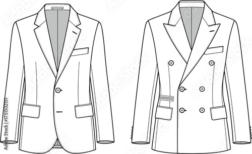 Suit jacket, single breasted, double breasted, notched lapel, peaked lapel, flap pockets, fashion sketch, vector template, garment CAD, cad drawing flat vector illustration