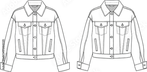 Denim jacket, button front, chest pockets, welt pockets, classic collar, fashion sketch, outerwear design, vector template, garment CAD, cad drawing flat vector illustration