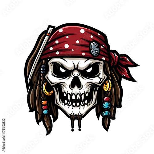 Fearsome undead pirate captain skull with a red bandana and dreadlocks